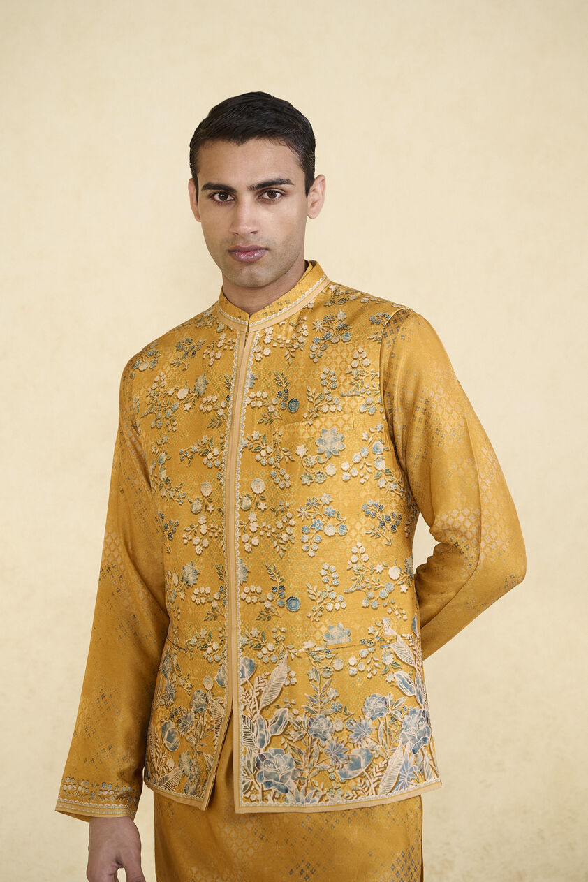 Zarghun Printed Silk Nehru Jacket - Mustard, Mustard, image 4